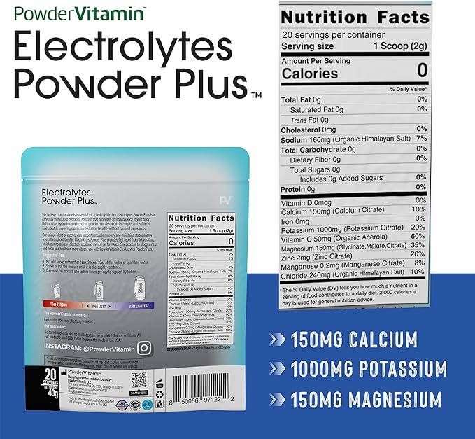 PowderVitamin Electrolytes Powder Plus (20 Servings) Unflavored Electrolyte Powder Keto, Sugar Free, Pink Himalayan Salt.,1000mg Potassium,150mg Calcium,150mg Magnesium, Hydration Powder NO STEVIA