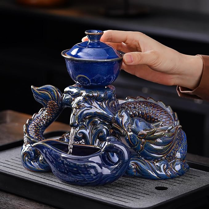 Semi Automatic Tea Set Ceramic Teapot with Infuser Magic Teapot with 8 cups (Dark Blue Dragon-D)