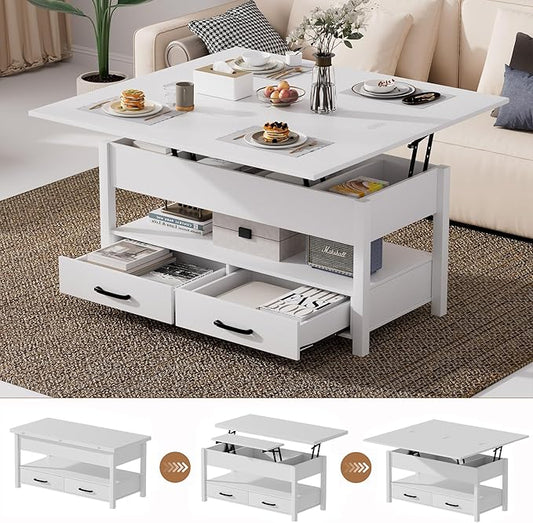 42'' Lift Top Coffee Table, 4-in-1 Multifunctional Lift Coffee Table with Storage & Hidden Compartments, Farmhouse Coffe Table with Lifting top for Living Room, Dining Reception Room, White