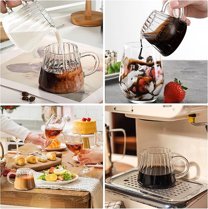 Loscarol 2 Pcs Small Creamer Pitcher, Elegant Wave Shaped Glass Creamer Jug, for Coffee, Milk, Tea, 6 oz Milk Frothing Pitcher for Kitchen