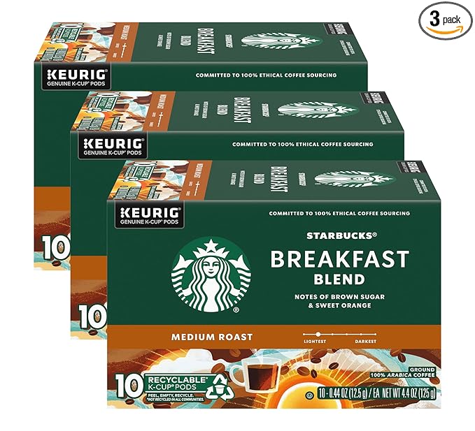Starbucks Coffee K-Cup Pods, Breakfast Blend Medium Roast, Ground Coffee K-Cup Pods for Keurig Brewing System, 10 CT K-Cup Pods Per Box (Pack of 3 Boxes)