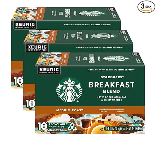 Starbucks Coffee K-Cup Pods, Breakfast Blend Medium Roast, Ground Coffee K-Cup Pods for Keurig Brewing System, 10 CT K-Cup Pods Per Box (Pack of 3 Boxes)