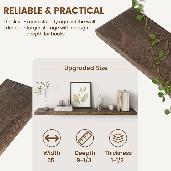 Reclaimed Elm Wood Floating Shelf for Wall, Flat Edge 55"W x 9.2"D x 1.4"H, 1 Pack with Invisible Bracket, Large Wall Mounted Shelf for Living Room Bedroom Kitchen Bathroom Decor, Walnut Finish