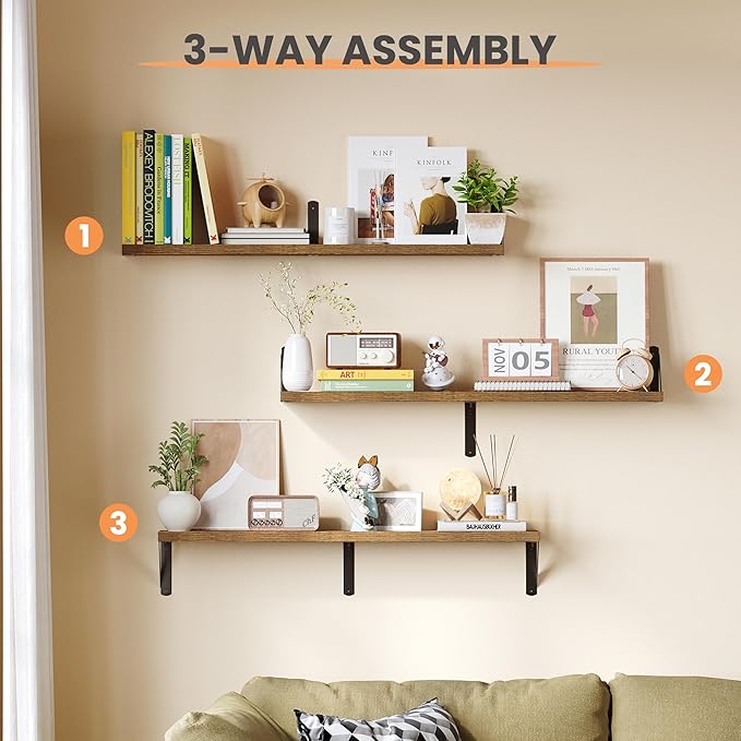 upsimples Floating Book Shelves for Wall, 35.4 Inches Long Floating Wood Shelves for Living Room, Library, Bedroom, Office Organizer and Storage, Brown
