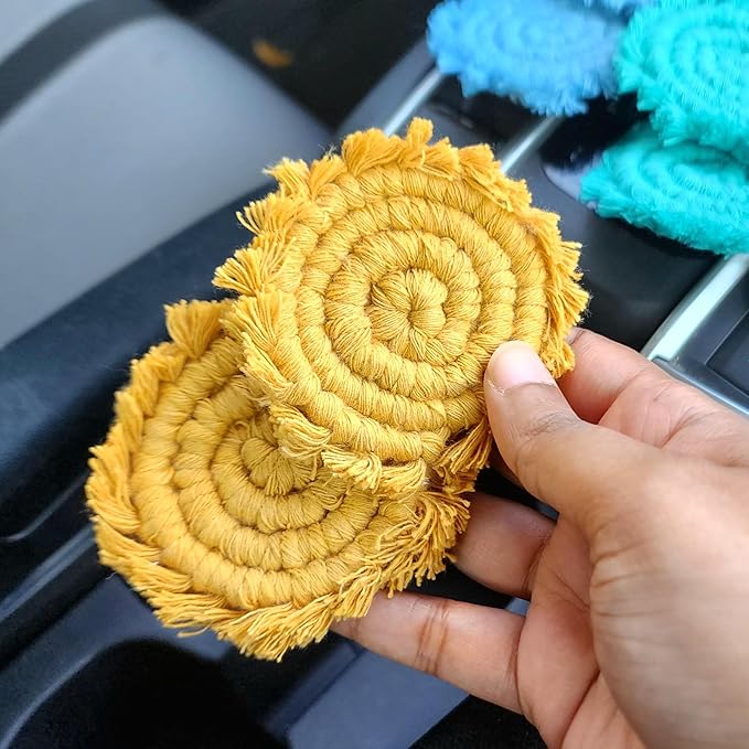 Cotton Car Coasters for Cup Holders, 2PC Car Cup Coasters, Drink Coaster Holder, Cute cupholder Coaster Accessories for Women, Macrame, Boho (Sunshine Yellow)