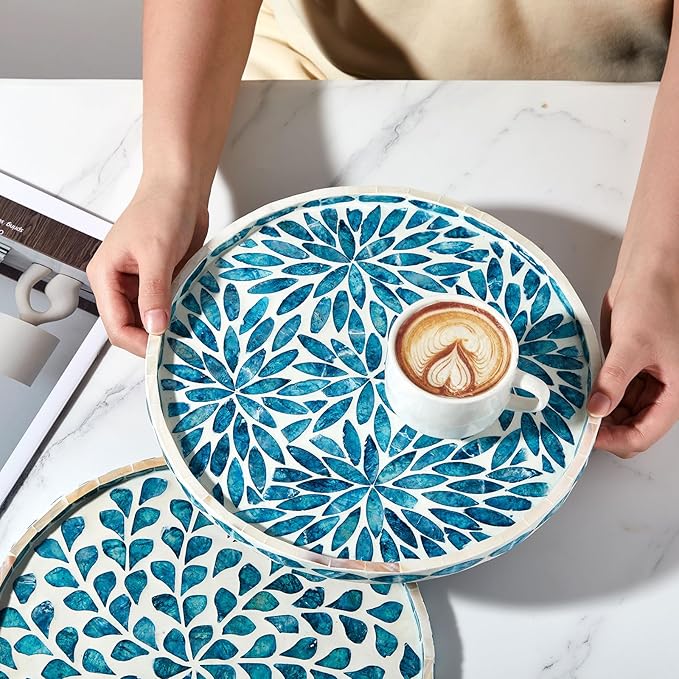 Chunful Mother of Pearl Round Serving Tray Wood Coffee Table Tray 10.4 Inch for Tea Breakfast Kitchen Cabinet(Leaf Style)