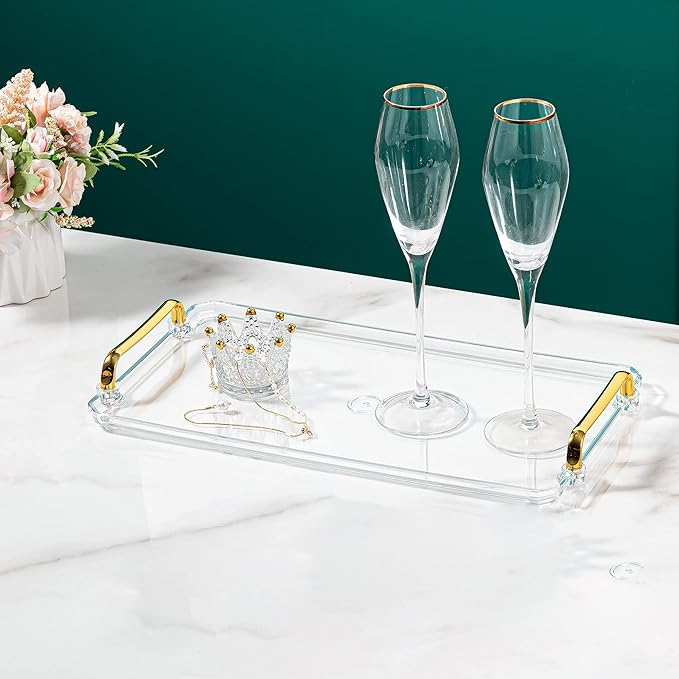 Acrylic Serving Tray with Handles Ottoman Countertop Decorative Tray Serving Tray Spill-Proof Tray for Coffee Table Living Room Bedroom16 x 9 x 0.8 inches (Amber)