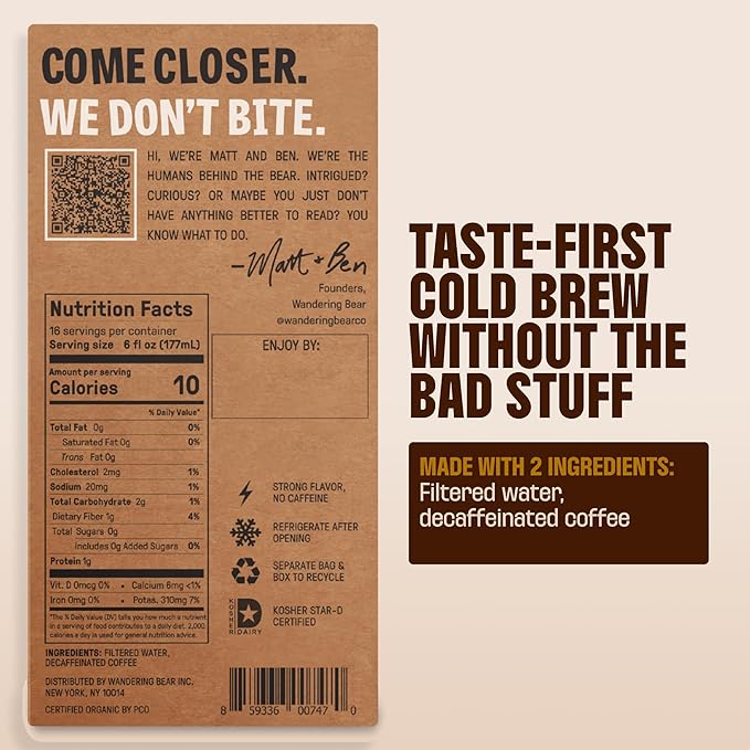 Wandering Bear Decaf Cold Brew Coffee On Tap, Iced Coffee Drink - Bold, Smooth, No Sugar Added, Shelf-Stable, Ready to Drink, Gluten Free & Vegan Decaf - 16 Servings of 6fl.oz - 96fl.oz