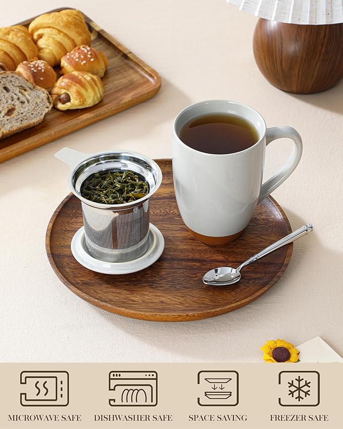 MALACASA Ceramic Tea Mug with Lid and Stainless Steel Infuser, 18 oz Large Tea Cup for Loose Leaf Tea, Heat-Resistant, Microwave & Dishwasher Safe, Speckled Glaze Coffee & Tea Brewer Mug, Khaki Gray