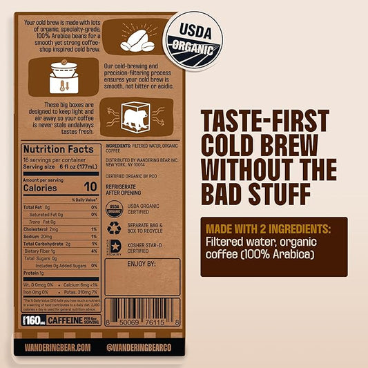 Wandering Bear Espresso Roast Organic Cold Brew Coffee On Tap, Iced Coffee Drink - Extra Strong, Smooth, No Sugar Added, Shelf-Stable, Ready to Drink, 100% Organic & Vegan - 16 Servings of 6fl.oz - 96fl.oz