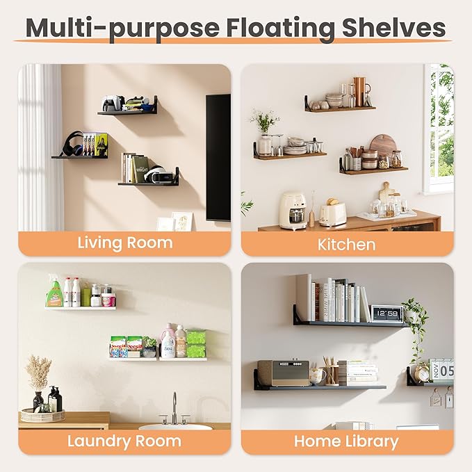 upsimples Floating Book Shelves for Wall, 23.6 Inches Floating Wood Shelves for Living Room, Laundry Room, Bedroom, Office Organizer and Storage, Brown
