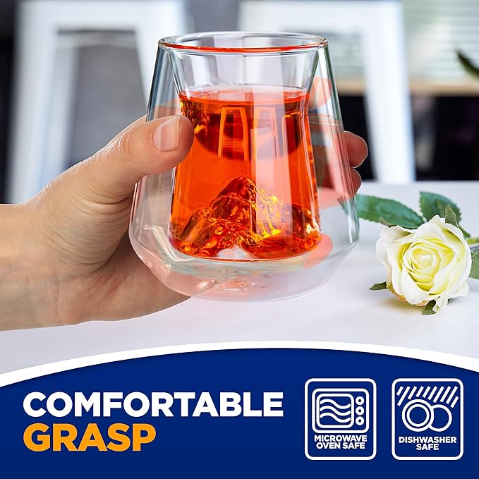 NutriChef Double-Wall Insulated Drinking Glasses - 8 oz Set of 2 Mugs, Insulated Tumblers for Hot or Cold Drinks, Coffee, Soda, Cocktails and More - Microwave and Dishwasher Safe, Sweat-Free Design