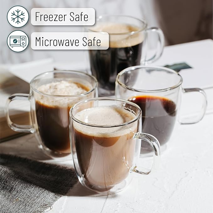 BTaT- Double Walled Glass Coffee Mugs, 12 oz, Set of 6, Glass Coffee Cups with Handle, Insulated Clear Coffee Mug for Hot and Cold Beverages, Cappuccino, Latte, Tea, Americano, Microwave Safe