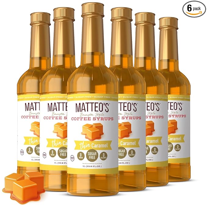 Matteo's Caramel Syrup for Coffee, Lattes, Cappuccinos & Desserts – Sugar-Free Sweetener for Beverages, Keto Friendly, Zero Calories, Indulgent Flavor, Non-Alcoholic, Ideal for Coffee 33.8oz (6pk)