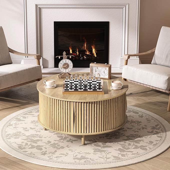 Round Coffee Table with Storage, 31.5" Natural Oak Fluted Center Table with Sliding Door, Modern Circle Drum Table for Living Room, Scandi Wood Furniture for Small Spaces