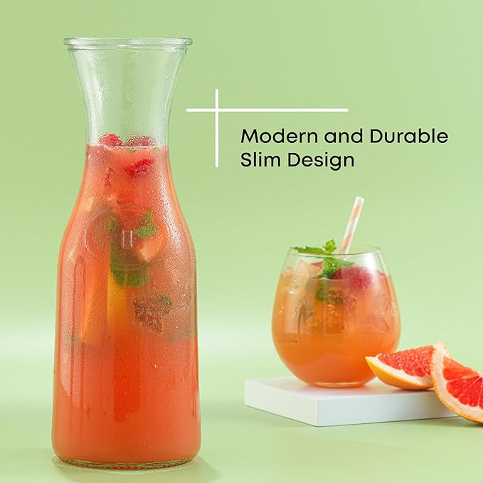JoyJolt Glass Carafe with Lid, Set of 3 – 1 Liter Glass Pitcher for Mimosa Bar, Water, Iced Tea, Juice, Wine, Lemonade, Milk – Dishwasher Safe Beverage Drink Dispensers for Brunch, Parties