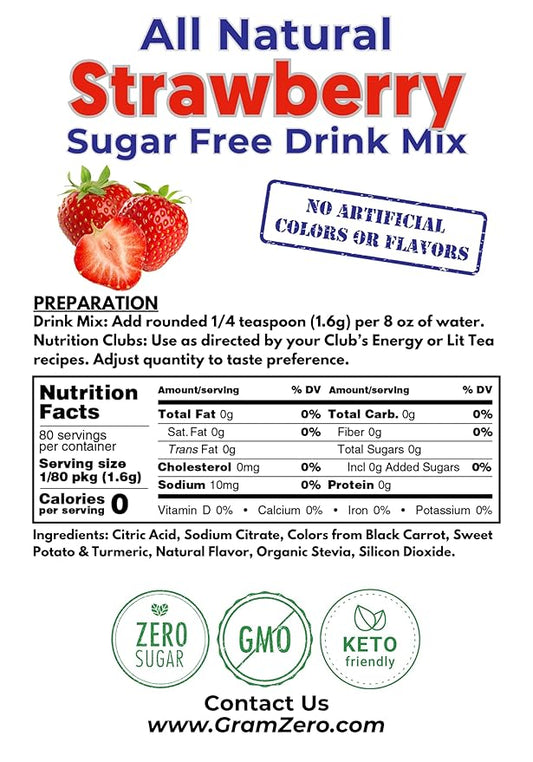 GramZero All Natural Strawberry Zero Calorie Sugar Free Drink Mix, Great For Nutrition Club Loaded Tea, Stevia Sweetened
