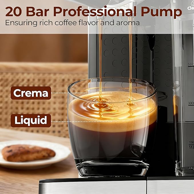 20 Bar Professional Compact Espresso Cappuccino Machine with Touch Screen & Auto Milk Frother, Stainless Steel Coffee Maker for Cappuccino, Latte