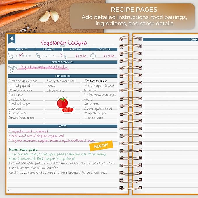 Clever Fox Recipe Book Spiral – Blank Family Cookbook – Empty Cooking Journal – Notebook Organizer to Write In Recipes – Large (Amber Yellow)