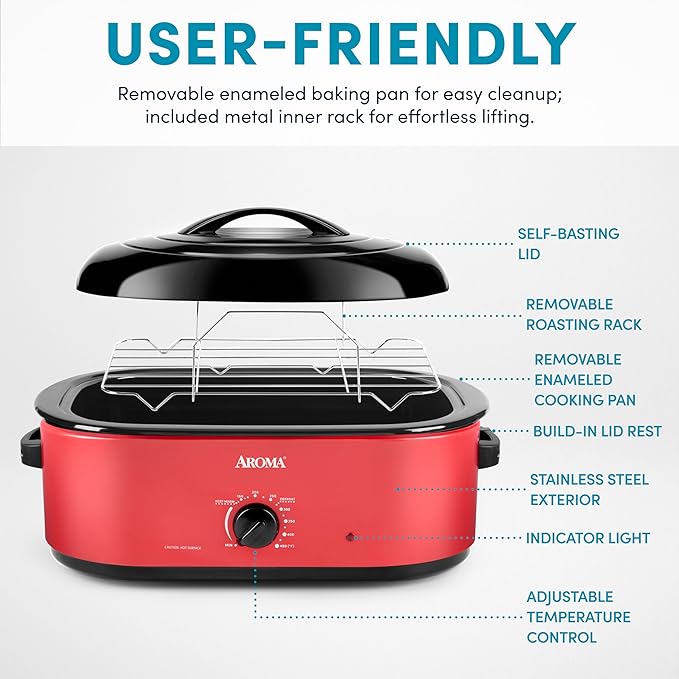 AROMA 18Qt. Roaster Oven with Self-Basting Lid, Fits 22-lb. Turkey, Adjustable Temperature Settings, Keep Warm Setting, Red (ART-718R)