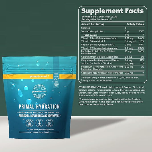 Primal Harvest Electrolytes Powder Packets Primal Hydration, Easy Open Packets, Energy Drink Mix (Lemon Berry, 30 Packs) (1 Bag)
