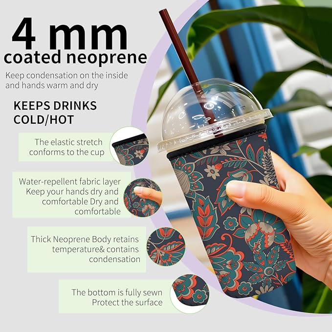 Reusable Neoprene Insulator Sleeve for Iced Coffee Cups, Medium 22-28oz Durable Drink Sleeve for Cold Beverages, Cute Beverage Holder Cup Sleeve for Women Men Boho Paisley