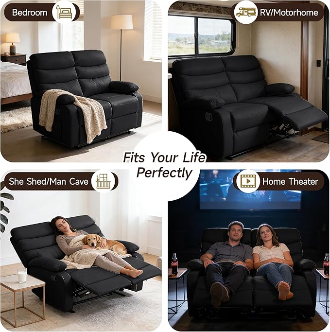 Reclining Loveseat, PU Leather Double Recliner Sofa with Side Pocket, Wall Hugger Loveseat Recliner for Living Room, RV, Home Theater(Black)