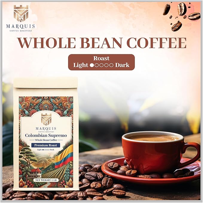 Marquis - Colombian Supremo Coffee Beans, Rich and Bold, Fresh Coffee with a Heady Aroma, Premium Light Roast Colombian Whole Beans, 1 lb