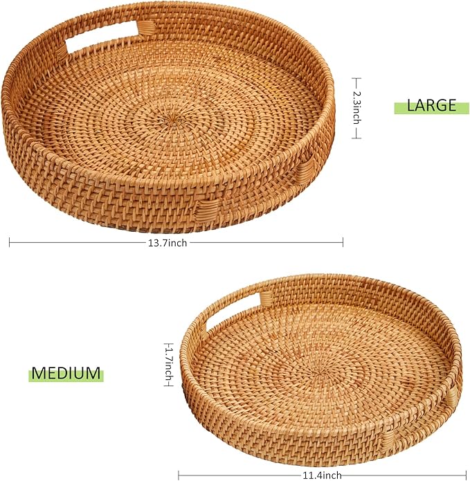 Round Rattan Serving Tray with Handles, Hand Woven Basket, Home Decor Organizer Tray for Breakfast, Tea, Snack, Fruit, Coffee,Storage (Large)(14.17inchX2.3inch)