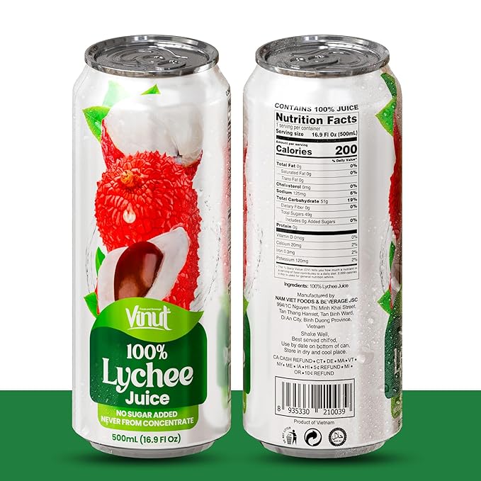 VINUT 100% Lychee Juice, No Added Sugar, Not From Concentrate, 16.9 fl oz (500 mL) Can, Pack of 6