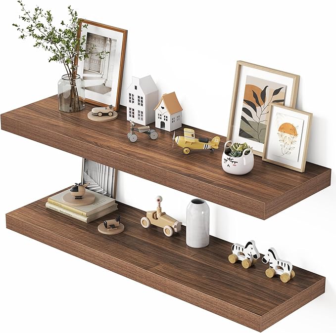 Dreamland 48" Floating Shelves for Wall, 12" Deep Thicker Walnut Floating Shelves, Wall-Mounted Shelves for Bedroom, Living Room, Kitchen, Bathroom - Set of 2