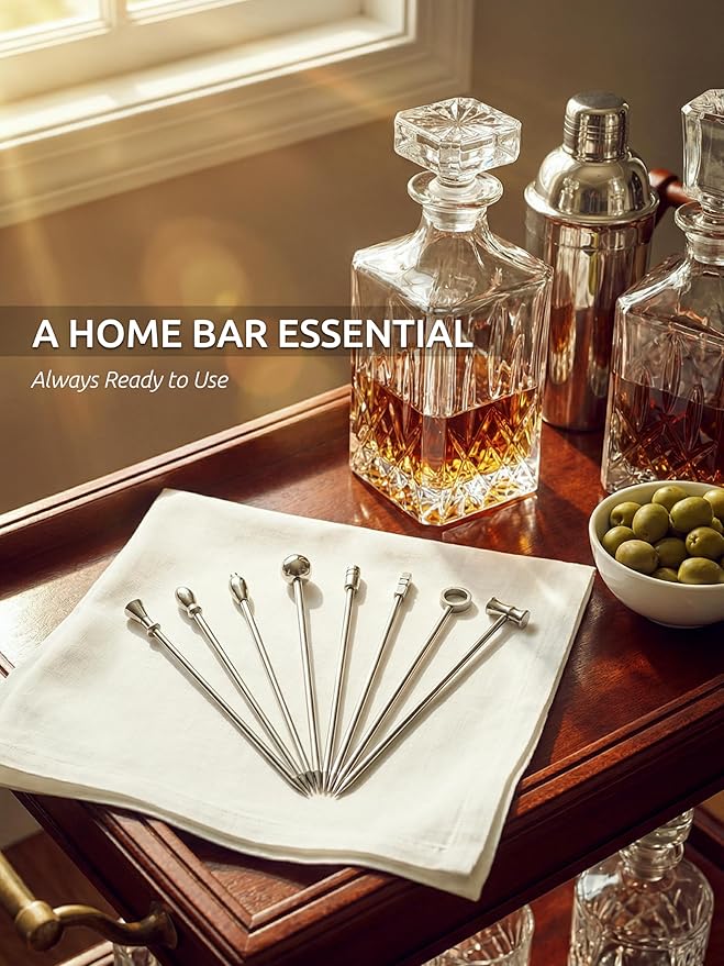 DEMIGO Cocktail Picks, 8 New Styles Stainless Steel Reusable Olive Stuffers Martini Picks set Fruit Toothpicks Garnish Skewers Appetizer Drink Stick for Bar party, Barbeque Snacks, Club sandwiches