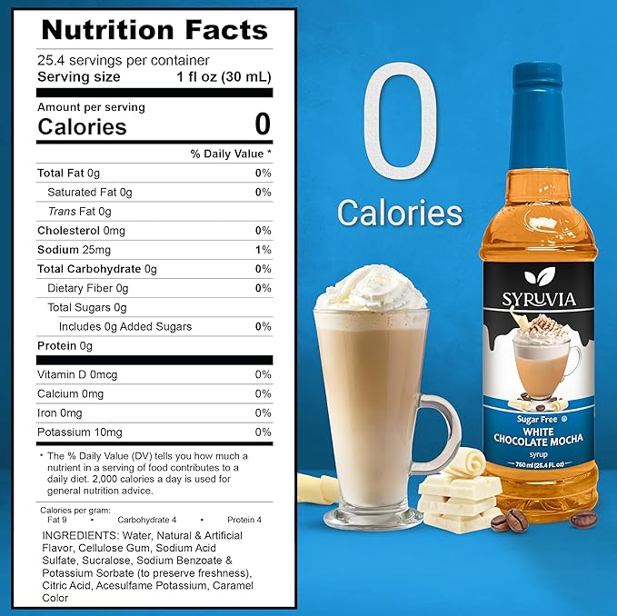 Syruvia Sugar Free Coffee Syrup, White Chocolate Mocha Flavored Syrup for Drinks, Lattes, and Desserts – 25.4 fl oz, With Pump