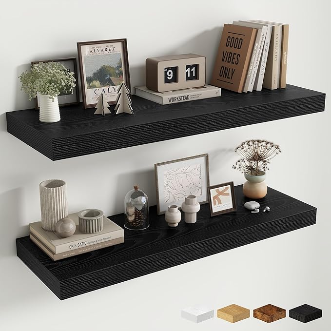 Fun Memories Floating Shelves for Wall, 40 Inch Floating Shelf for Home Decor, Wall Mounted Rustic Wood Shelves 12 Inch Deep, Hanging Deep Shelf for Bedroom, Living Room, Kitchen, White, Set of 2