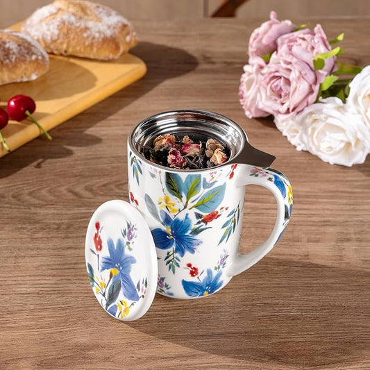AmorArc Porcelain Tea Mug with Infuser and Lids, 18 Oz Coffee Cup Strainer with Bag Holder for Loose Leaf Tea, Steeping Coffee Mug for House-warming Wedding Birthday Gift