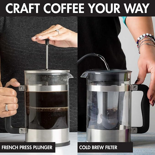 2-in-1 Coffee Maker, Make French Press Coffee and Cold Brew Coffee in One Coffee Maker, Comfort Grip Handle, Durable Glass Carafe, Perfect 6 Cup Size