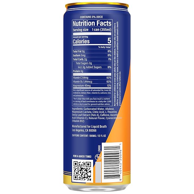 Liquid Death Sparkling Energy - Orange Horror (Orange and Cream), Sugar-Free Energy Drink, Unextreme Caffeine 100mg, B Vitamins, 12 Fl Oz (Pack of 12)