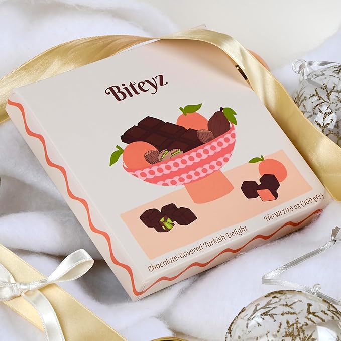 Biteyz Choco Turkish Delight, Vegan Candy Gift Box - Chocolate-Covered Assorted Treats with Orange, Pistachio, and Hazelnut, 25 Pieces of Gourmet Handmade Vegan Snacks