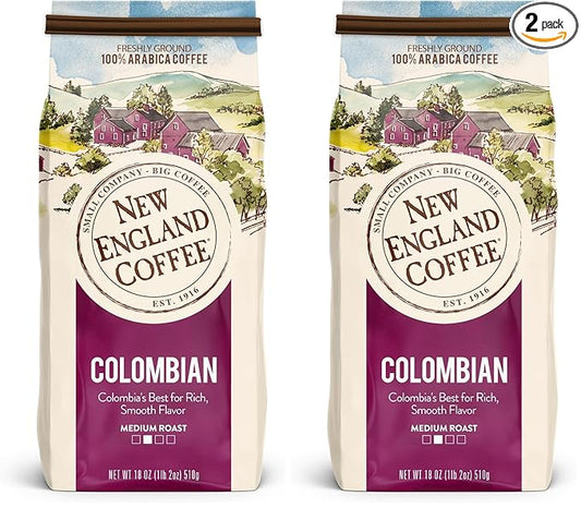 New England Coffee Colombian Medium Roast Ground Coffee, 18oz Bag (Pack of 2)