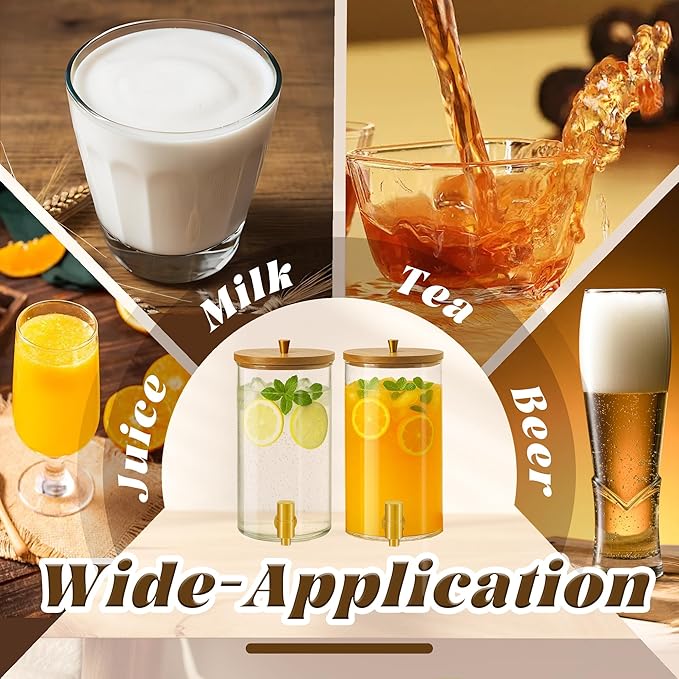 VERSSURE 2PCS Drink Dispenser, 1.5 Gallon Each Glass Beverage Dispenser with Wood Stand and Stainless Steel Faucet Ideal for Juice, Lemonade, and Tea,Large Drink Dispenser for Parties and Home Use