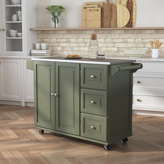 Homestyles Mobile Kitchen Island Cart with Stainless Steel Top, Sage Green