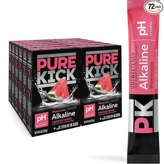 Pure Kick Alkaline pH 8.5 or Higher Watermelon Powdered Drink Mix Packets, Unsweetened with a Hint of Flavor -, 72 Total Packets (12 Boxes, 6 Each), Singles to Go!