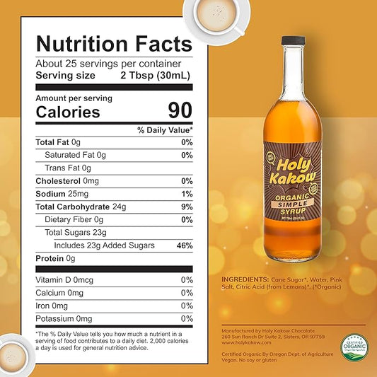 Holy Kakow Cafe Organic Simple Syrup - Simple Syrup, Coffee Syrup, Organic Syrup for Coffee, Simple Syrup for Coffee, Add to Latte, Cocktail and Shake, Real Food Ingredients, Specific Flavor - 750ml