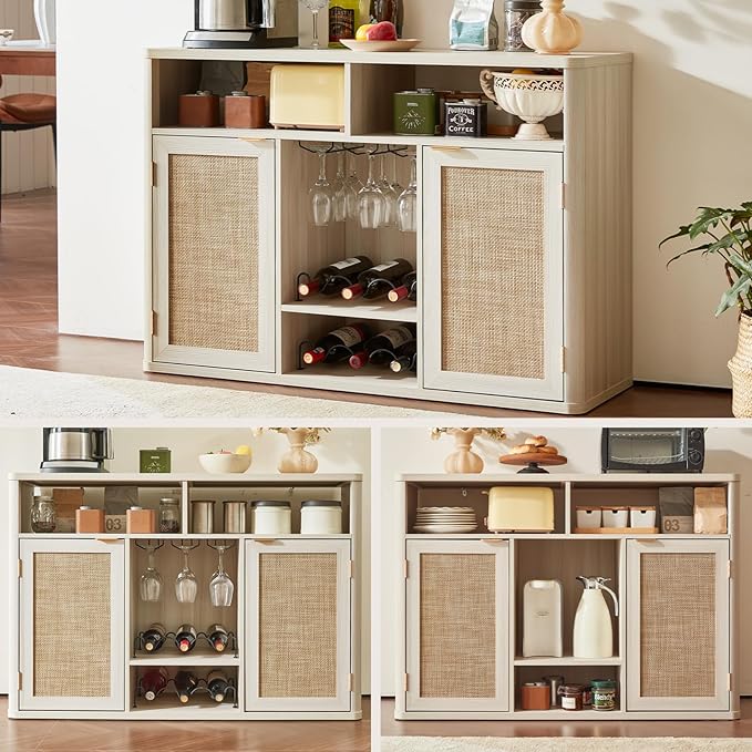 Lerliuo Rattan Wine Cabinet with 2 Doors, Boho Liquor Cabinet with Wine Racks, Farmhouse Coffee Bar Station for Living Room, Dining Room, Kitchen, Grey White