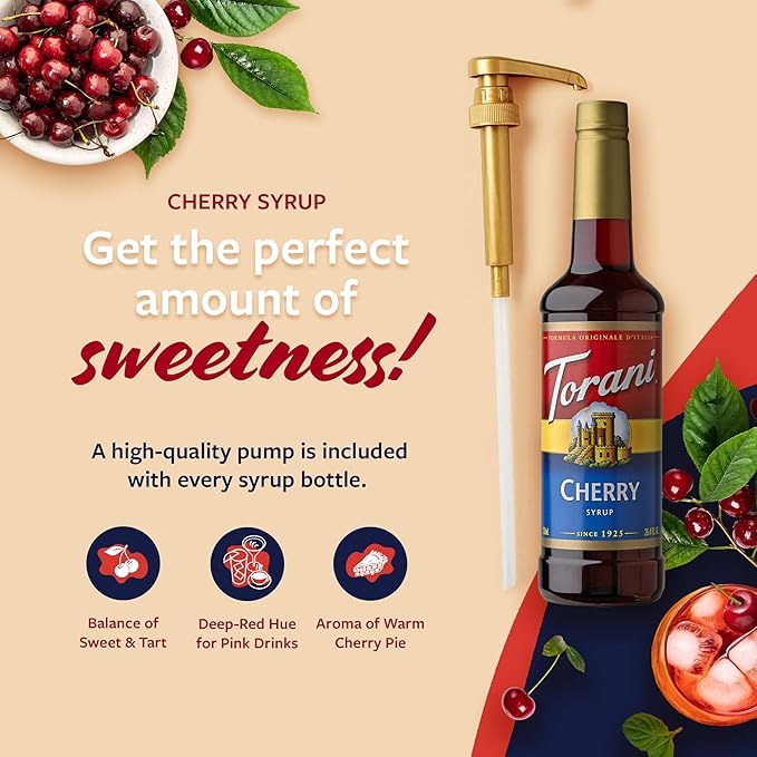 Torani Cherry Syrup for Drinks, Flavoring for Iced Tea, Lemonade, and Sodas, Pump Included, 25.4 Oz