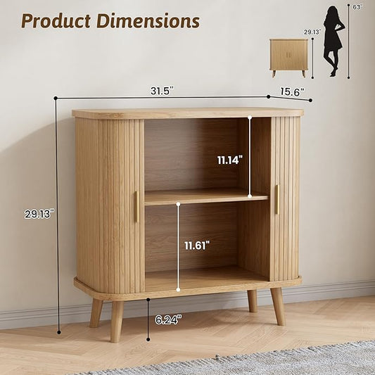 Buffet Cabinet with Storage, Curved-Edge Fluted Storage Cabinet Sideboard, Modern Black Sideboard Buffet with Adjustable Shelves & Sliding Door for Dining Room, Kitchen, Entryway (Oak)