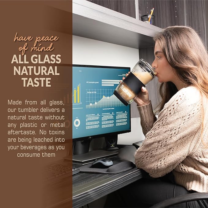 Tupkee 20 oz Double Wall Glass Tumbler With Lid – All Glass Hand Blown Reusable Insulated Travel Mug - For Coffee, Tea, Boba, Iced Coffee, and Smoothie Cup To Go – Black