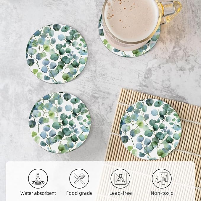 Green Eucalyptus Leaves Coasters for Drinks Absorbent Round Ceramic Coasters Set of 4 Non-Slip Cup Coaster with Cork Base for Coffee Table Drink Home Decor Tabletop Protection