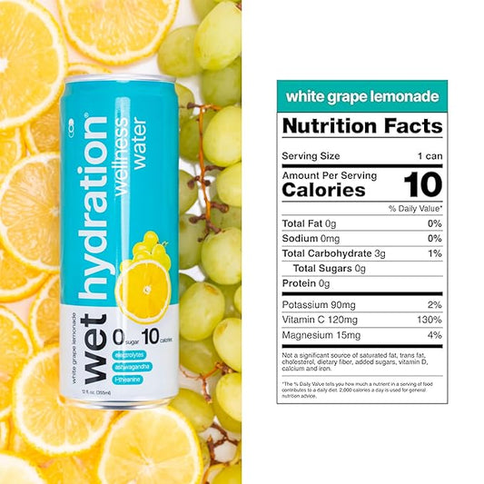 Wet Hydration Wellness Water | Electrolyte Drink with Ashwagandha & L-Theanine – White Grape Lemonade (12oz Cans, Pack of 12) | Zero Sugar, 10 Calories, Zero Bubbles, Functional Hydration