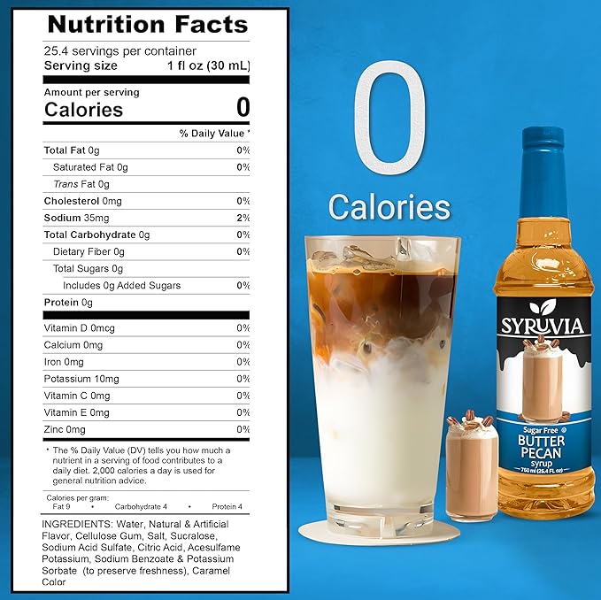 Syruvia Sugar Free Coffee Syrup, Butter Pecan Flavored Syrup for Drinks, Lattes, and Desserts – 25.4 fl oz, With Pump